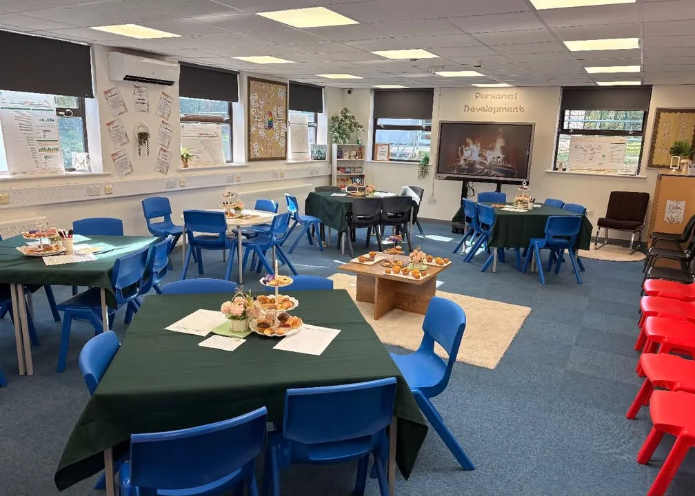 A classroom at Oak Bank School laid out for the 50th anniversary afternoon tea